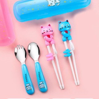 Set thìa dĩa đũa tập ăn Happy cat