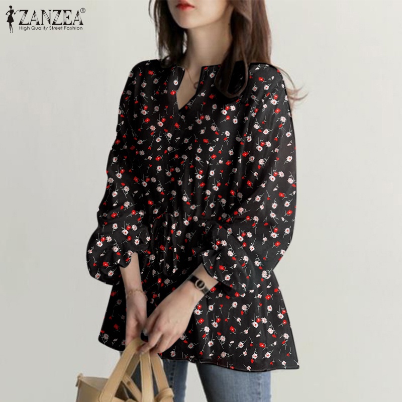 Áo kiểu Zanzea tay phồng cổ chữ V lưng thun rút dây co giãn in hoa thời trang cho nữ