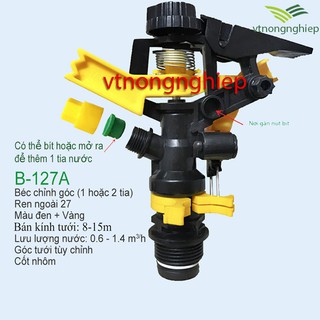 Béc tưới cánh đập BB-127A, béc tưới 1-2 tia, bán kính 8-15m, chân ren phi 27mm, béc cánh đập chỉnh góc tưới tùy ý