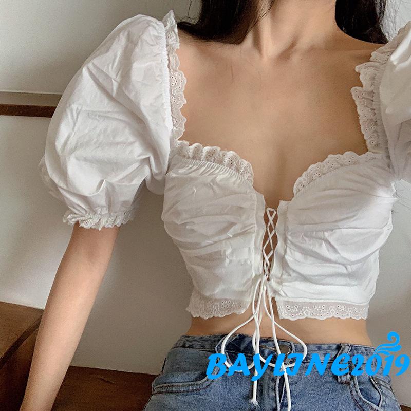 Áo kiểu tay phồng màu trơn thiết kế dây đan chéo quyến rũ thời trang giản dị cho nữ | BigBuy360 - bigbuy360.vn