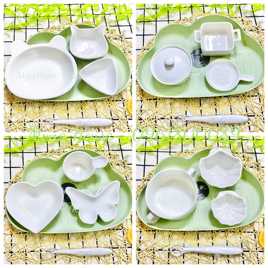 Combo chén bát sứ kèm khay và thìa ăn dặm cho bé - Sứ trắng