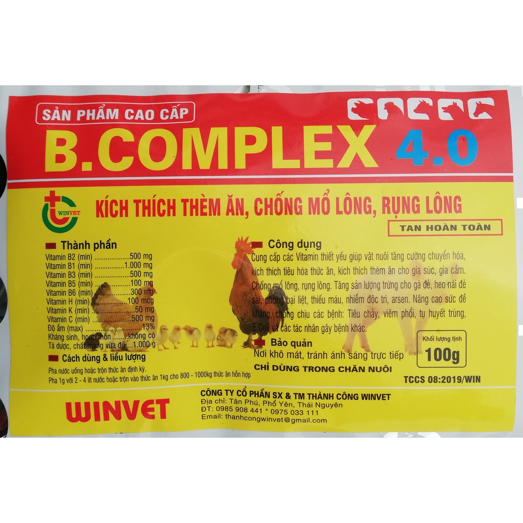 1 gói B.COMPLEX 4.0  100g Kích thích thèm ăn cho trâu, bò, ngựa, dê, gà, vịt, chim cảnh, chó, mèo