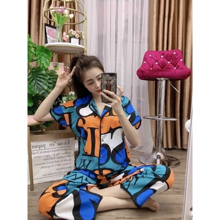 Đồ bộ nữ, pijama lụa nữ, đồ bộ mặc nhà tay cộc quần dài họa tiết lập thể chất lụa latin, mịn mát cho mùa hè siêu dễ thươ