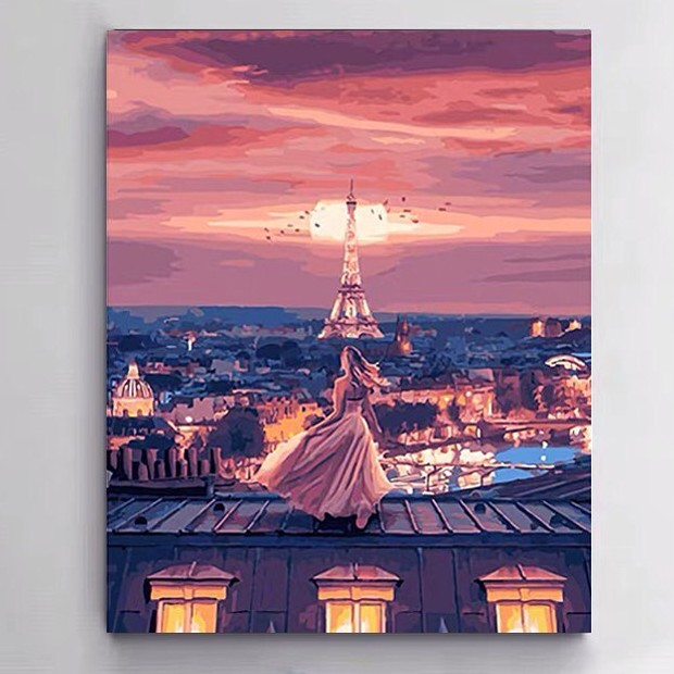 Trang trang trí sơn dầu tự tô BEE HAPYY cô gái bên tháp Eiffel CN4322