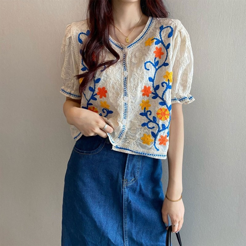 Áo Kiểu Tay Phồng Thêu Hoa Xinh Xắn Thời Trang Mùa Hè Cho Nữ