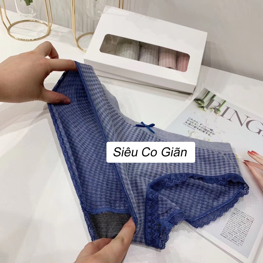 [Thanh Lý] Quần lót cotton KIMCHIBIKINI kẻ caro freesize 40-55kg phối ren nơ co dãn 4 chiều ôm bụng nâng mông QL124