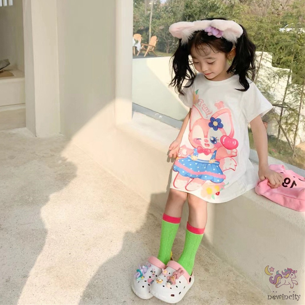 Đầm Cotton Tay Ngắn In Họa Tiết Hoạt Hình Phong Cách Hàn Quốc Thời Trang Mùa Hè Cho Bé Gái