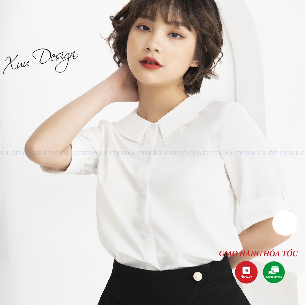 Áo sơ mi nữ công sở vải lụa hàn cộc tay trắng cổ sen - XUU DESIGN SP08