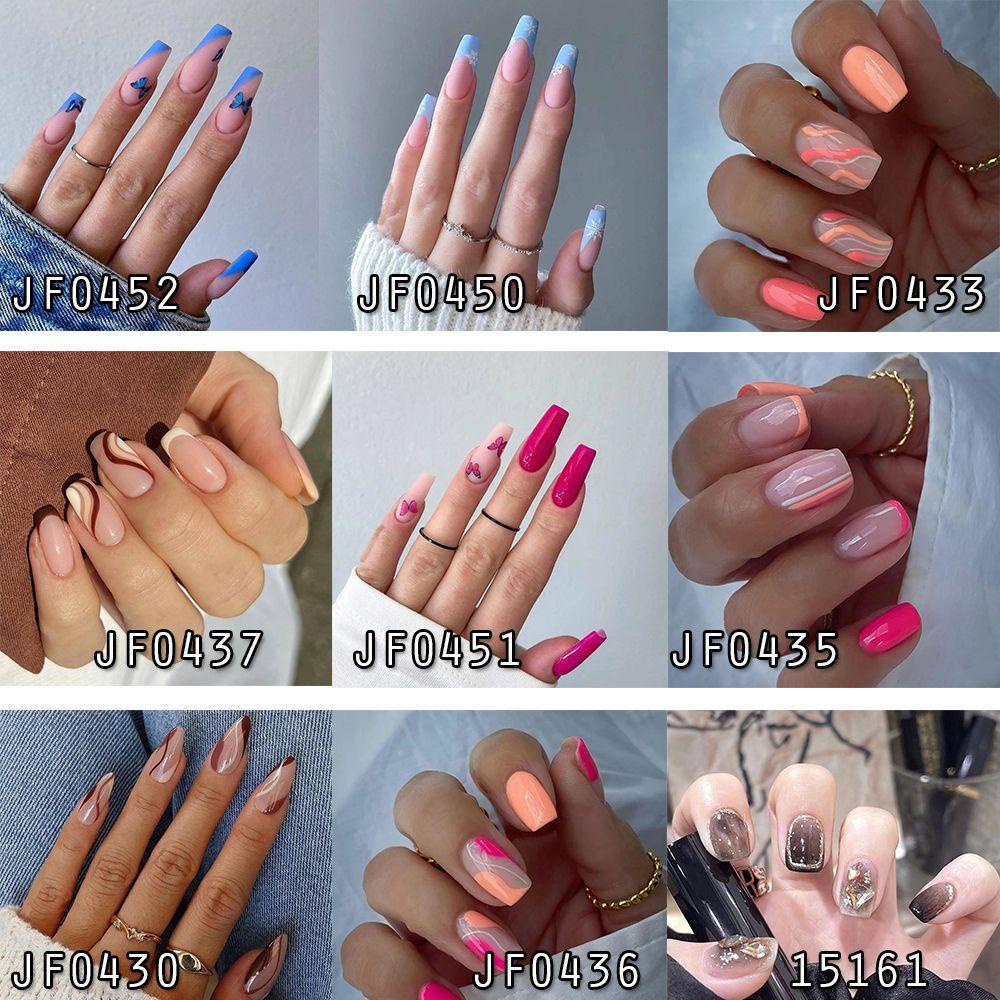 Bộ 24 Móng Tay Giả Họa Tiết Bướm / Hoa Tuyết / Xanh Dương Gợn Sóng Nhiều Màu Sắc Che Phủ Toàn Diện