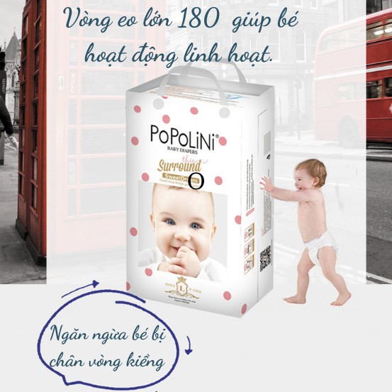 TÃ BỈM DÁN POPOLINI SIÊU MỎNG KHÔ THOÁNG CHỐNG HĂM DÀNH CHO BÉ SIZE NB/M TÚI 30/60 MIẾNG HÀNG NHẬP KHẨU UK