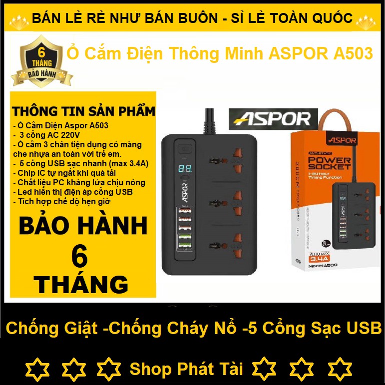 Ổ Cắm Điện Thông Minh, Hỗ Trợ Sạc Nhanh Cho Điện Thoại ASPOR A501/ A502/ A503, Tiêu Chuẩn EU - Bảo Hành 12 Tháng