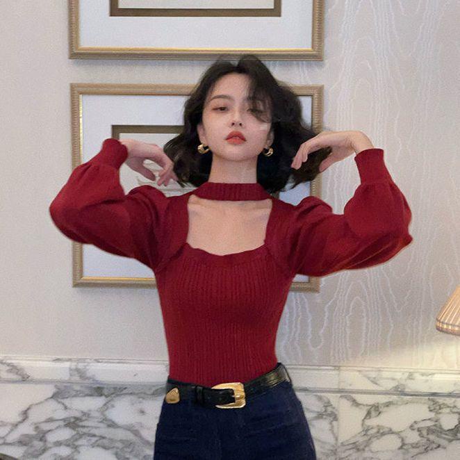 Áo Sweater Cổ Vuông Hở Lưng Màu Đỏ Phong Cách Nước Ngoài Thời Trang Thu Đông