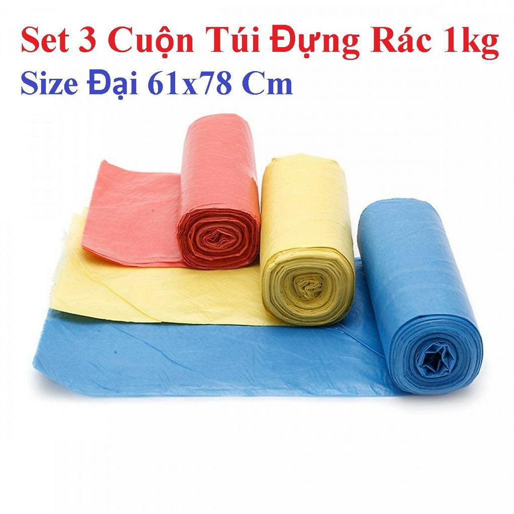 Set 3 Cuộn Túi Đựng Rác 1kg Size Lớn 61x78 Cm - Bao Đựng Rác Nhựa Tái Sinh Có Đường Gân Dễ Xé