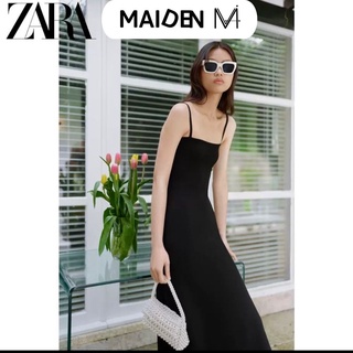 Váy dài đen body 2 dây ZARA, váy hai dây chất len tăm co giãn