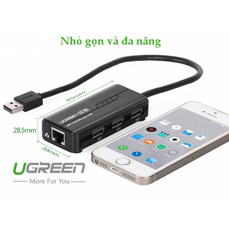 Bộ chia HUB USB 3 cổng 2.0 kèm cổng mạng LAN 10/100Mbps UGREEN CR103 20264 (Đen)