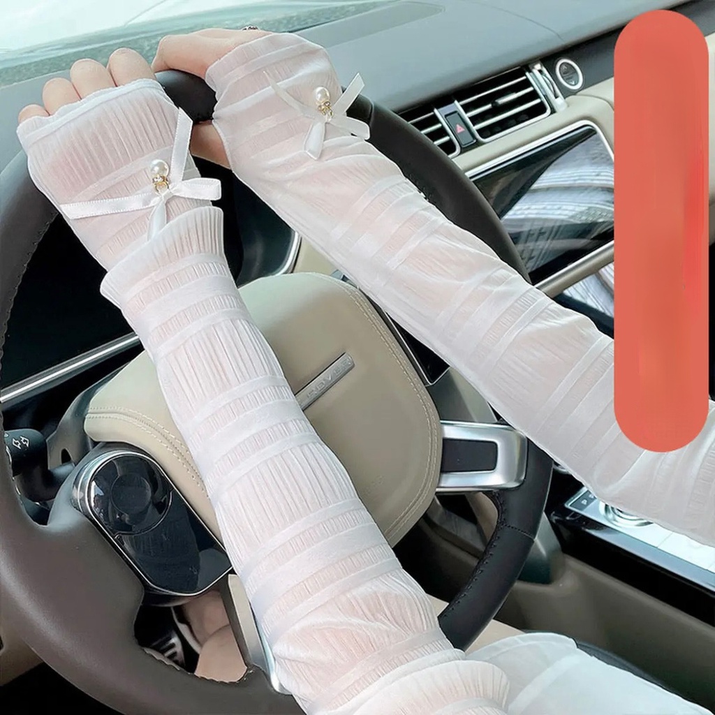 Găng Tay Chống Nắng Dáng Rộng Vải Lụa Lạnh Phối Ren Đính Nơ Xinh Xắn Cho Nữ