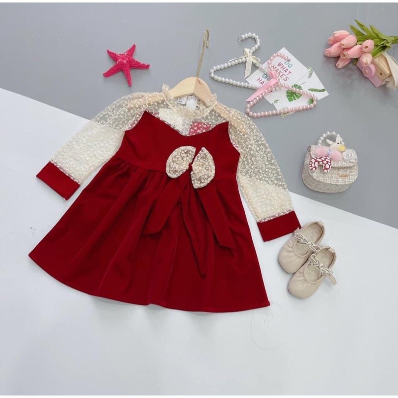 Váy Nhung Đỏ Voan Hoa Nhí Phối Nơ Cực Xinh Cho Bé Gái V240 - NamKidShop