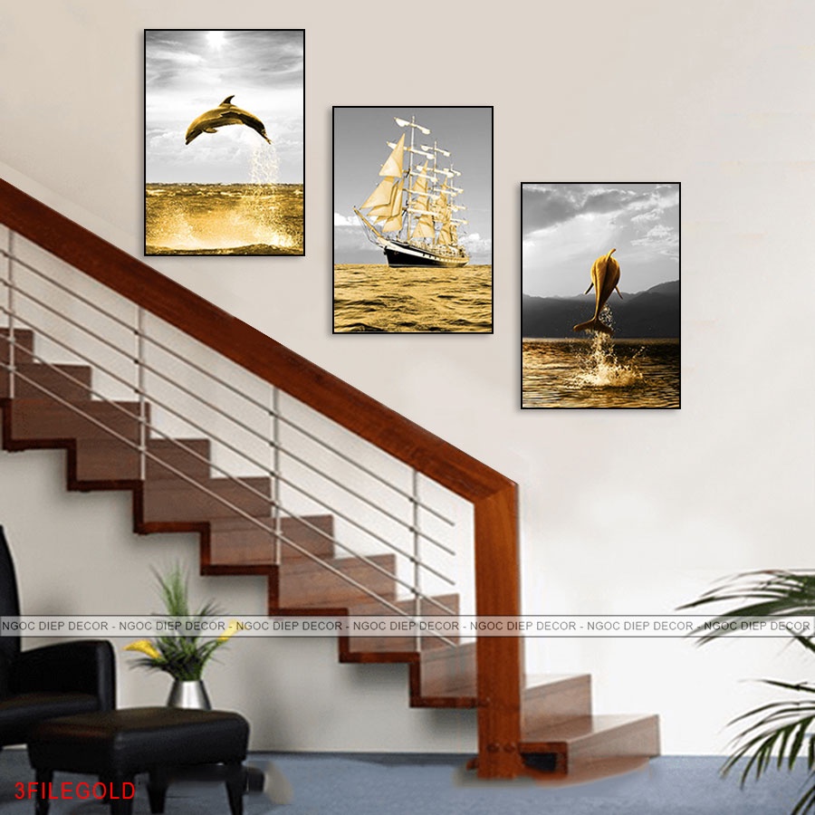 Tranh dán tường Cầu Thang 3D - Tranh in trên gỗ nhựa dày 3mm cao cấp chống ẩm mốc, kèm băng dính xốp