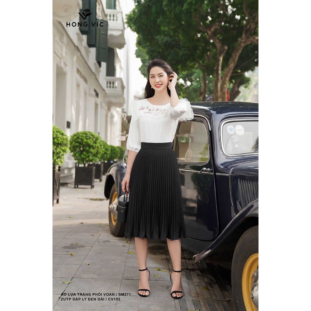 Chân váy nữ thiết kế Hong Vic dập ly đen dài CV152