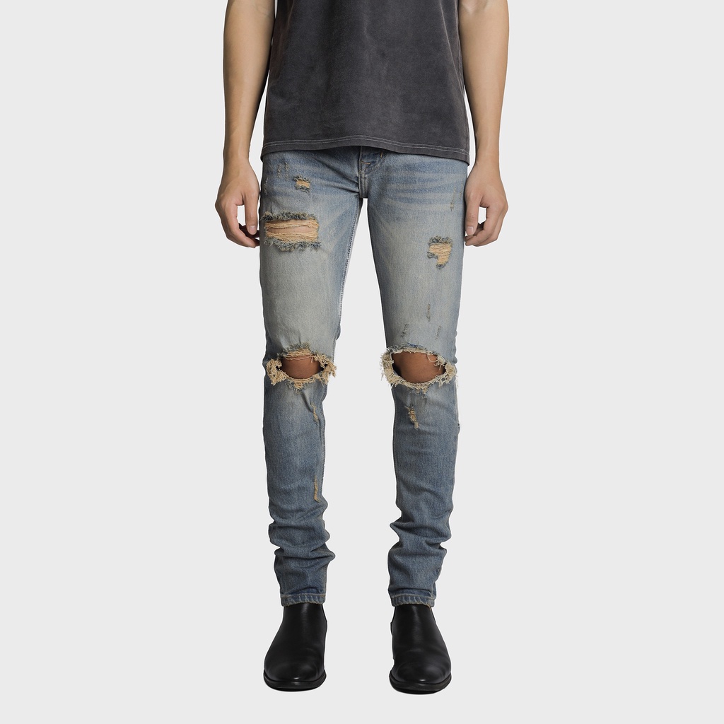 Quần Jean Nam The Luyn Black Màu Xanh Vintage Kiểu Rách Gối Form Dáng Skinny Fit