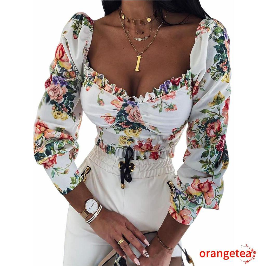 Áo Crop Top Tay Phồng Họa Tiết Hoa Thanh Lịch Cho Nữ