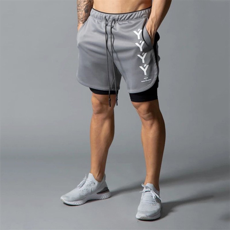 2 in1 Double-layer Fitness Running Sweat Shorts 2 in1 New Mens Stretch Quick-drying Breathable Shorts Sports Bottom Plus Size Short Pants Training Sports Wear
