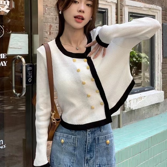 【ZHELIHANGFEI】Áo Khoác Cardigan Dệt Kim Tay Dài Lưng Cao Thời Trang Cho Nữ