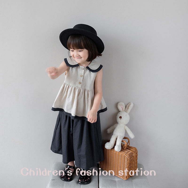♥Cfs♥ Bộ Áo Sơ Mi Không Tay Cổ Búp Bê + Quần Culottes Màu Trơn Phong Cách Phương Tây Thời Trang Mùa Hè 2022 Bằng Cotton Lanh Kiểu Mới Dành Cho Bé