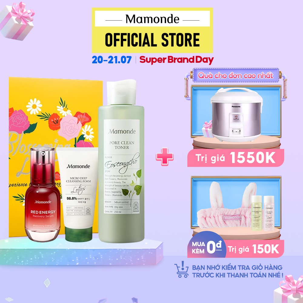 Combo chăm sóc da chuyên sâu dành cho da dâu Mamonde Pore Clean Toner 250ml+ Red Energy Serum 30ml+ Cleansing Foam 50ml