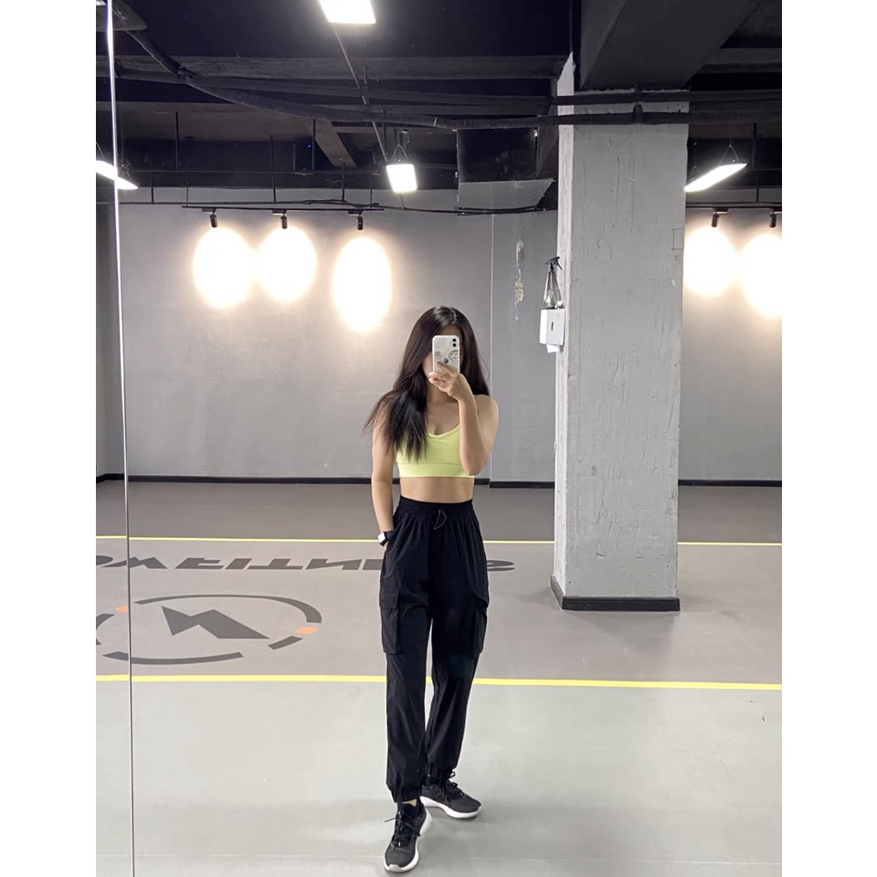 Quần jogger túi hộp nữ thể thao from rộng vải gió dù Hàn Quốc co giãn phong cách quần thể thao nữ bo gấu tập nhảy