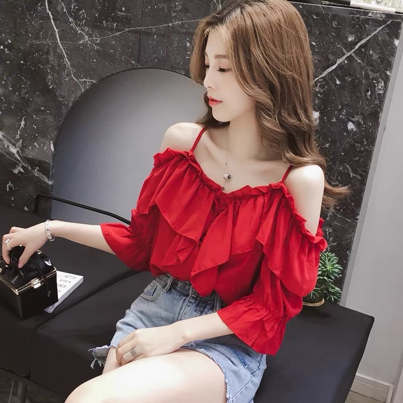 Áo trễ vai 2 dây phong cách Hàn Quốc tay lỡ SM06