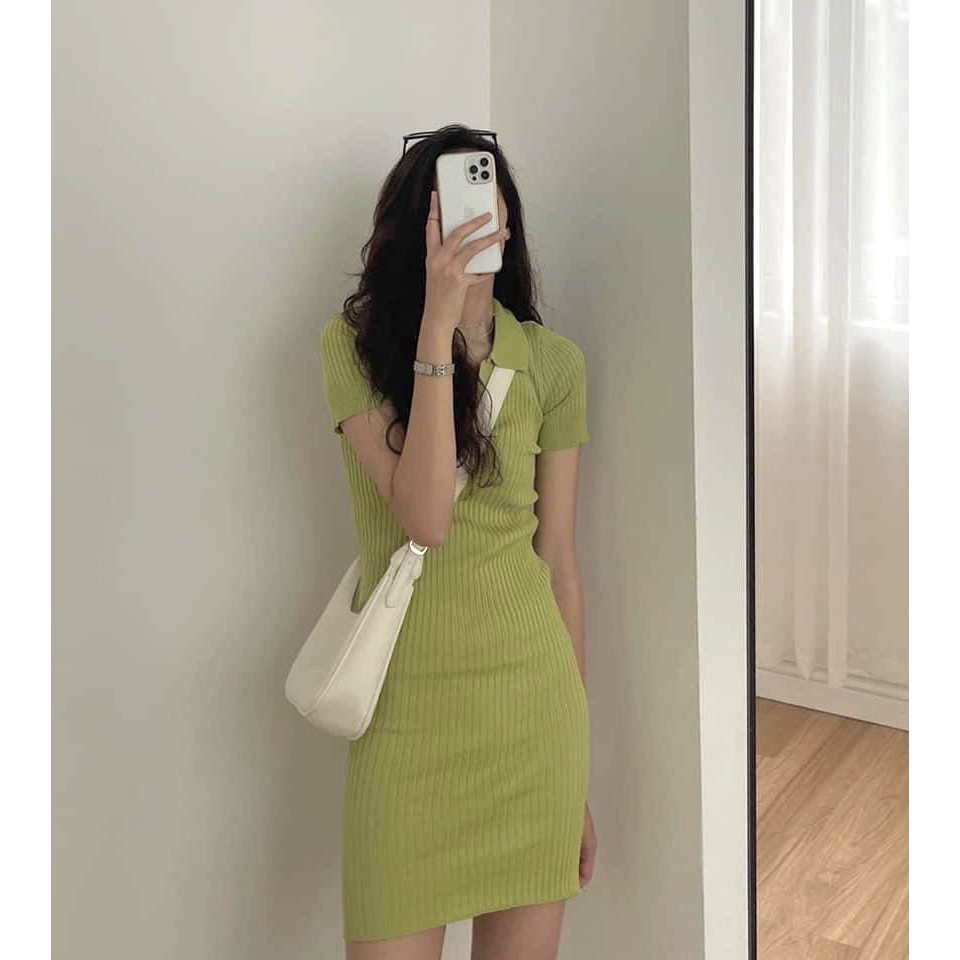 Váy Thun Tăm Cổ Bẻ 4 Màu Nữ [FREESHIP] 🌸 Đầm tay lỡ cổ V dáng ôm body dự tiệc bánh bèo tiểu thư Ulzzang 🌸