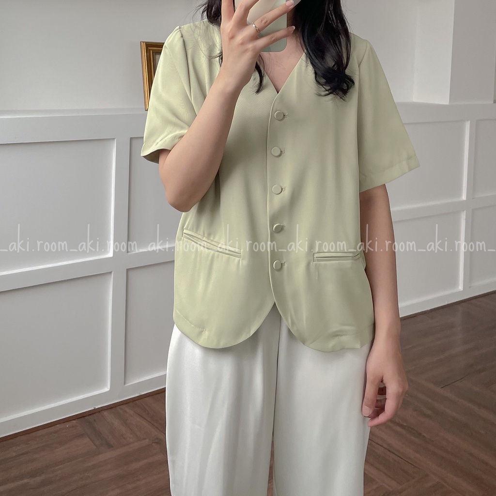 Áo blazer cộc tay một lớp cổ V cúc bọc chất mềm mát DJ 847