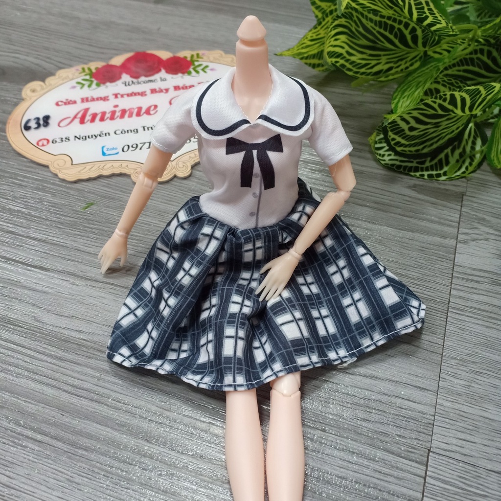 Váy liền áo học sinh cho búp bê barbie 30cm chất cotton mềm mại bồng bềnh