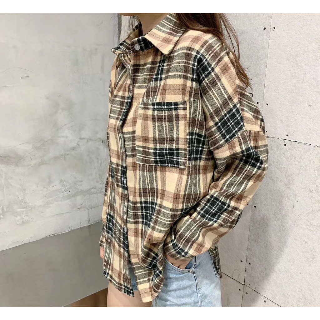 Áo Khoác Sơ Mi Caro Dáng Rộng Thời Trang Hàn Quốc Cho Nữ