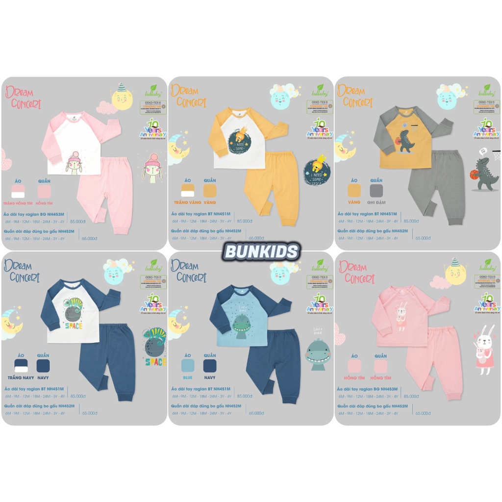 Bộ dài tay Lullaby Cotton dài mỏng bé trai bé gái