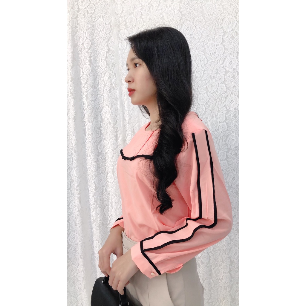 Áo voan hồng cổ bèo phối viền den siêu xinh GR04