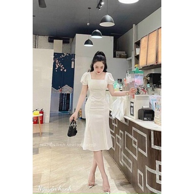 Đầm tiểu thư dáng dài dự tiệc, đầm cổ vuông tay phồng hàn quốc có mút tôn dáng cực đẹp