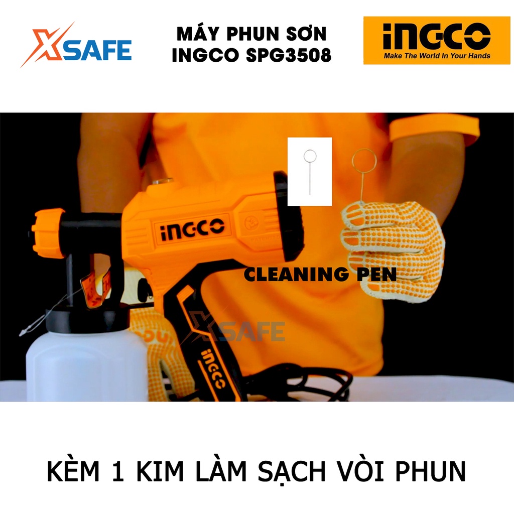 Máy phun sơn điện cầm tay INGCO SPG3508 450W đầu béc 2.5mm, bình chứa 800ml kèm cốc đo độ nhớt, kim vệ sinh đầu phun