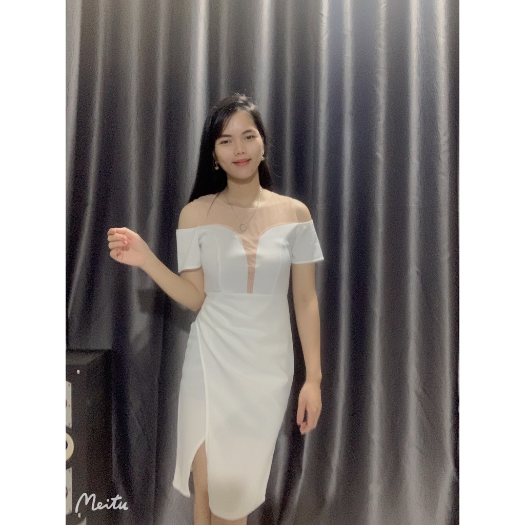 Đầm body xẻ tà cổ phối lưới chất umi freesize đỏ đen trắng