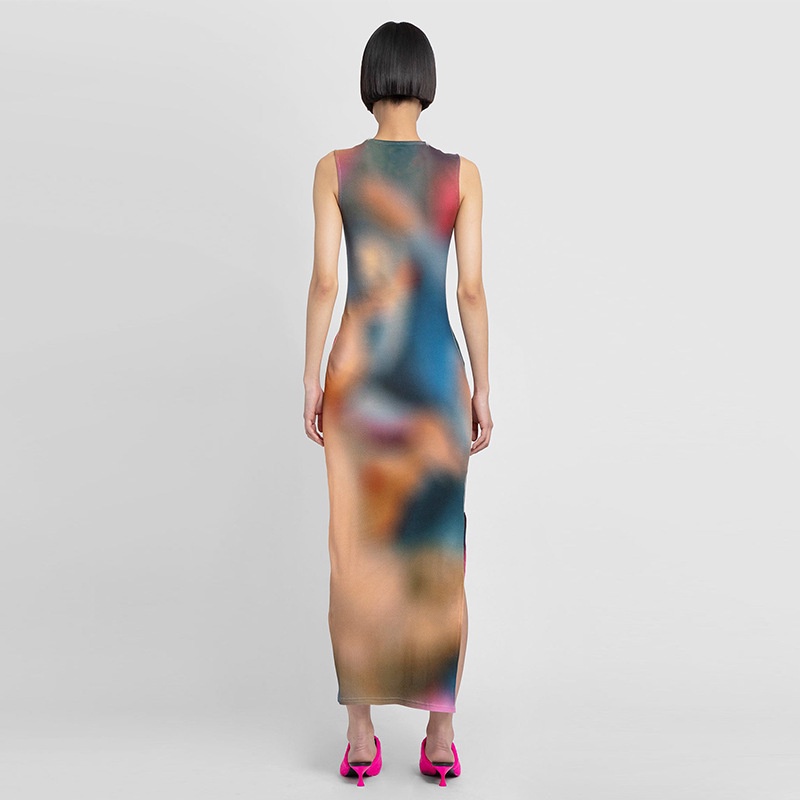 Đầm Dài Không Tay Cổ Tròn Họa Tiết Màu Nhuộm Thời Trang Mùa Hè Cho Nữ