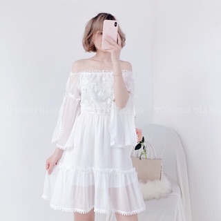 [ORDER] Váy trắng trễ vai tiểu thư xẻ tà