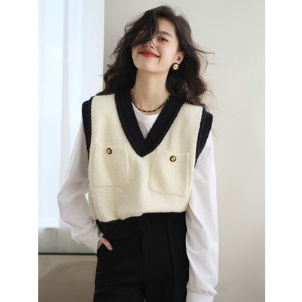 Áo Len Cổ Chữ V Màu Sắc Tương Phản Thời Trang Xuân Thu Cho Nữ