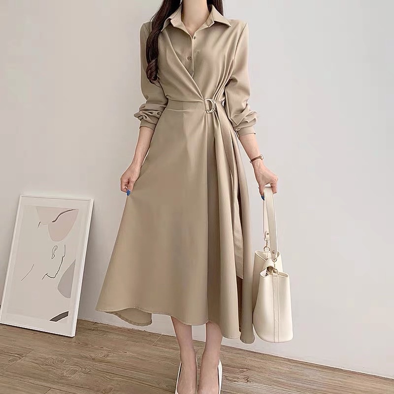 Đầm sơ mi liền thân tay dài có đai eo thanh lịch màu trơn hàn quốc