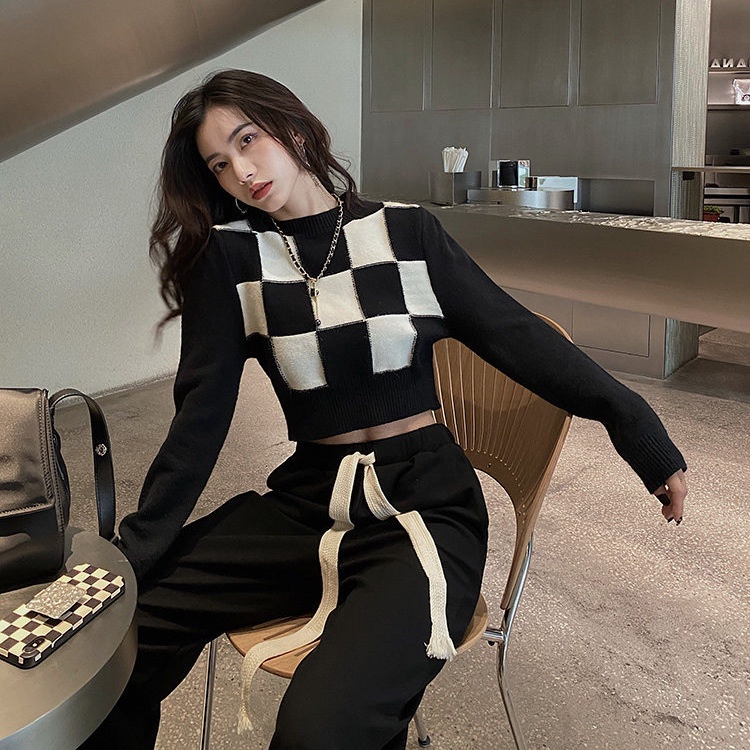 Áo len dáng ngắn lưng cao thiết kế họa tiết kẻ ô thời trang mùa thu cho nữ