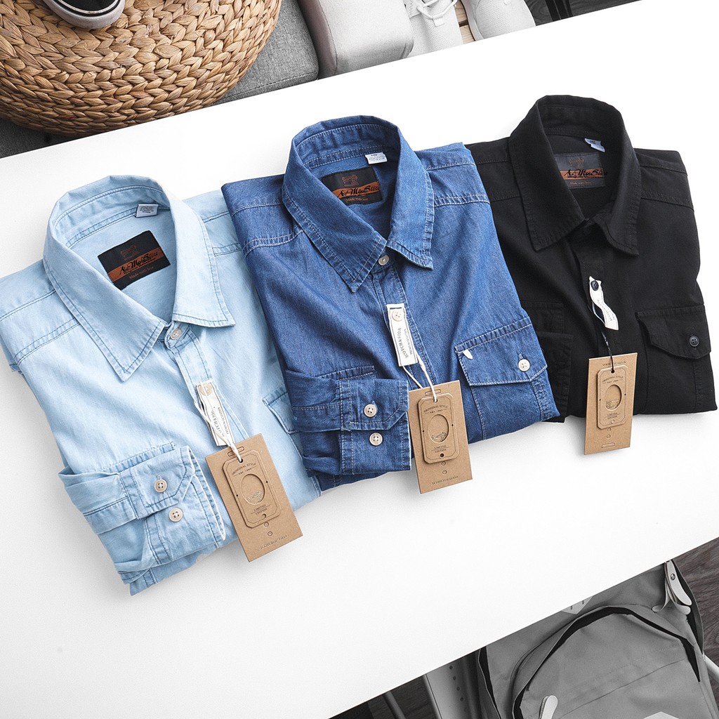 Áo sơ mi denim nam màu xanh đậm hai túi mẫu mới nhất 2020 chính háng thời trang nam Musland