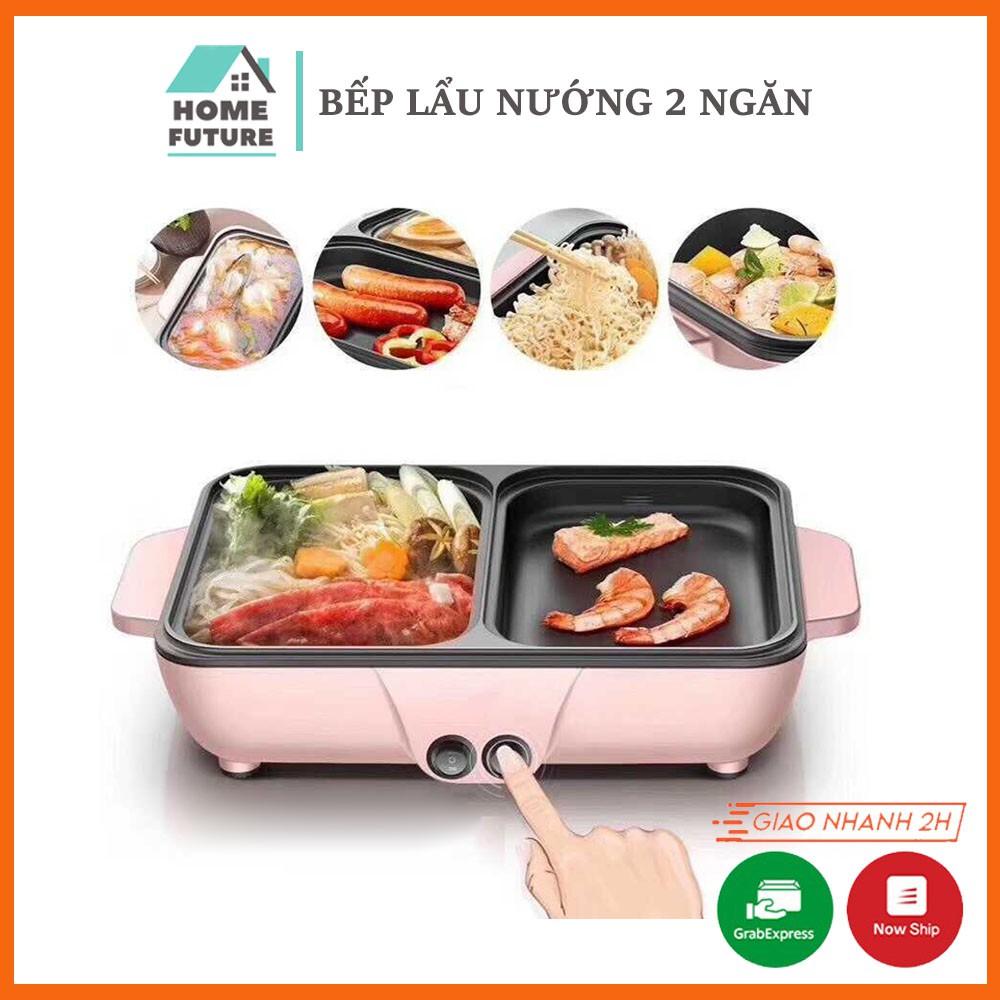 Bếp lẩu nướng điện 2 ngăn mini riêng biệt 2 in 1 đa năng, tiện dụng