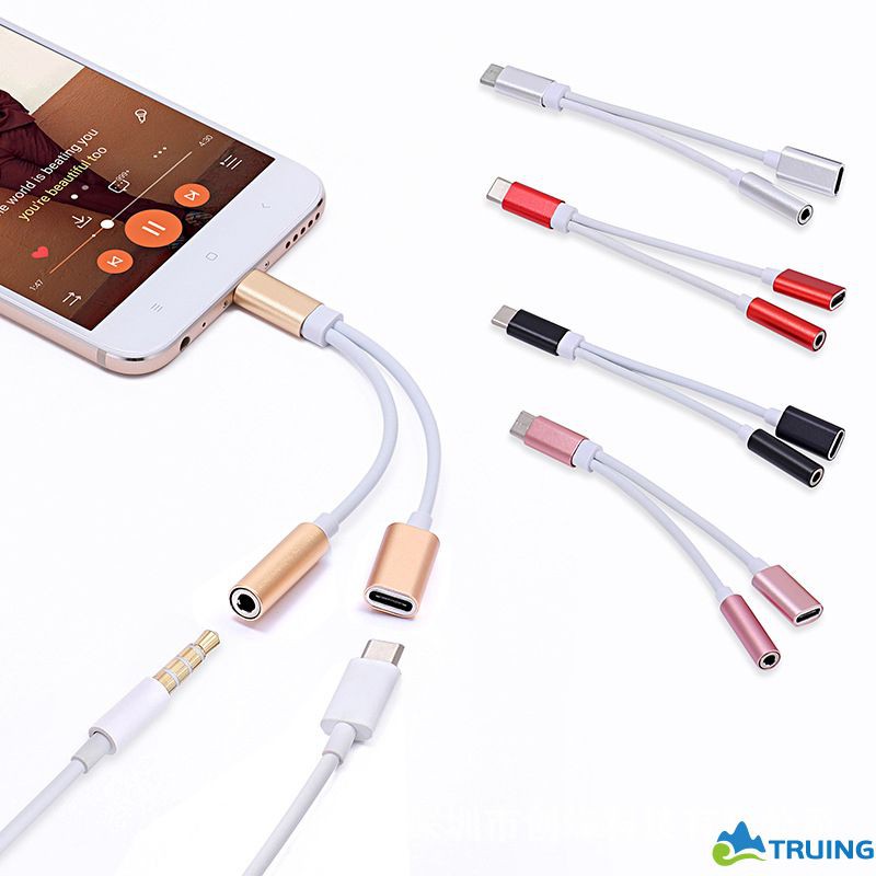 USB-C to 3.5 AUX Audio Cable 2in1 USB Type C to 3.5mm Jack Audio Splitter USB C Earphone Cable Charging Adapter truing