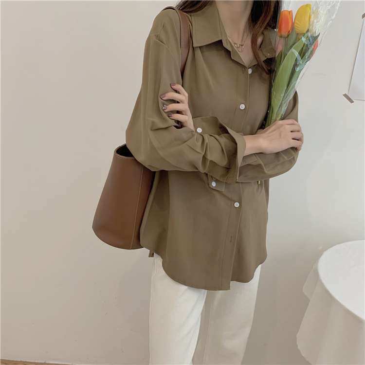 Áo sơ mi Xiaozhainv dáng rộng dài tay màu trơn dễ phối đồ phong cách Hàn Quốc dành cho nữ