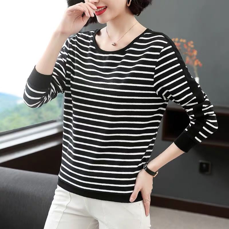 Áo Thun Dài Tay Dáng Rộng Hoa Văn Kẻ Sọc Thời Trang Dành Cho Phụ Nữ Trung Niên